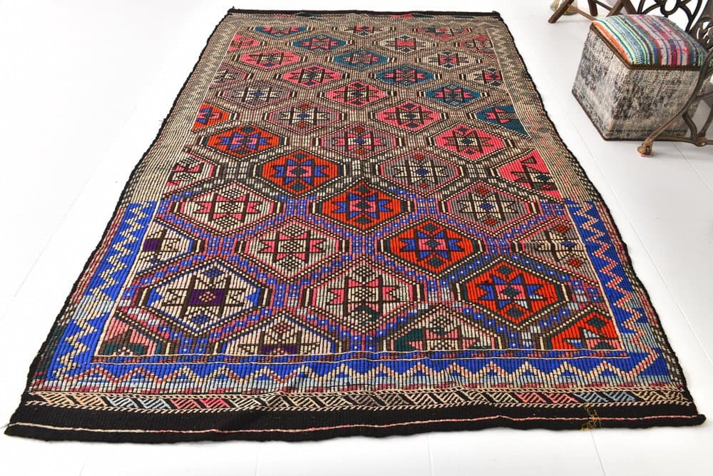 Kilim 178x297 cm, brązowy, różowy, wełna, lata 70. - 216433