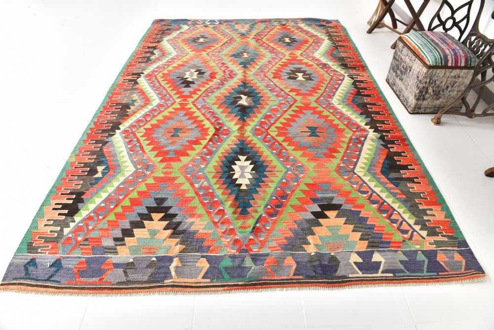 Kilim 300x200 cm, czerwony, oliwkowy, wełna, lata 70. - 216421