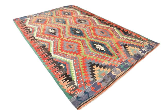 Kilim 300x200 cm, czerwony, oliwkowy, wełna, lata 70. - WYMIARY