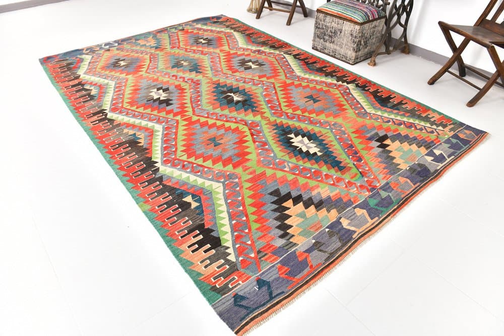 Kilim 300x200 cm, czerwony, oliwkowy, wełna, lata 70. - 216423