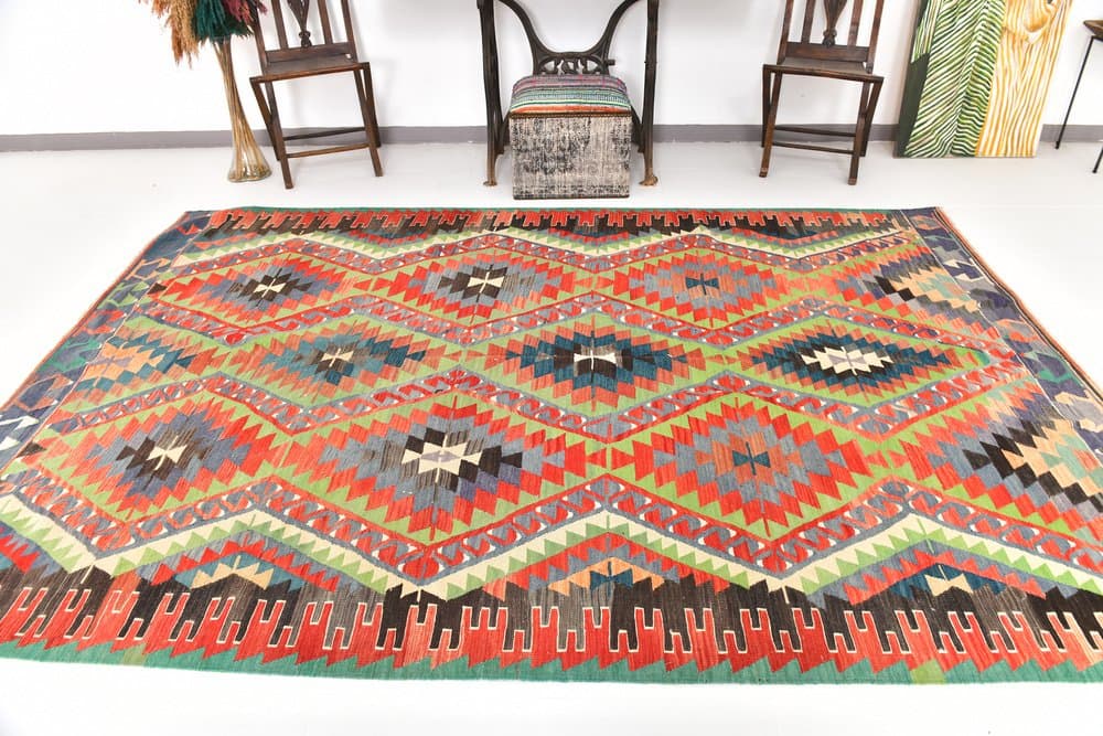 Kilim 300x200 cm, czerwony, oliwkowy, wełna, lata 70. - 216424