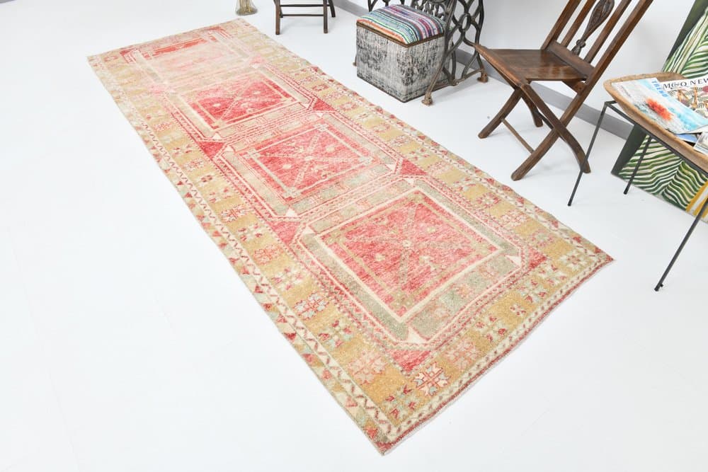 Rug 123x339 cm, coral, beige, wool, 1970s - 216324