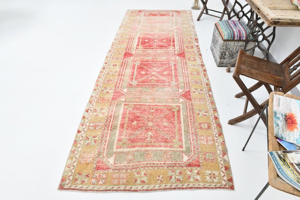 Rug 123x339 cm, coral, beige, wool, 1970s - 216325