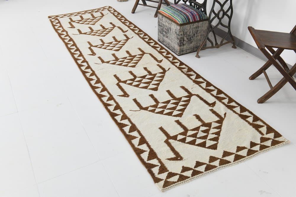 Runner 96x336 cm, beige, brown, wool, 1970s - 216299