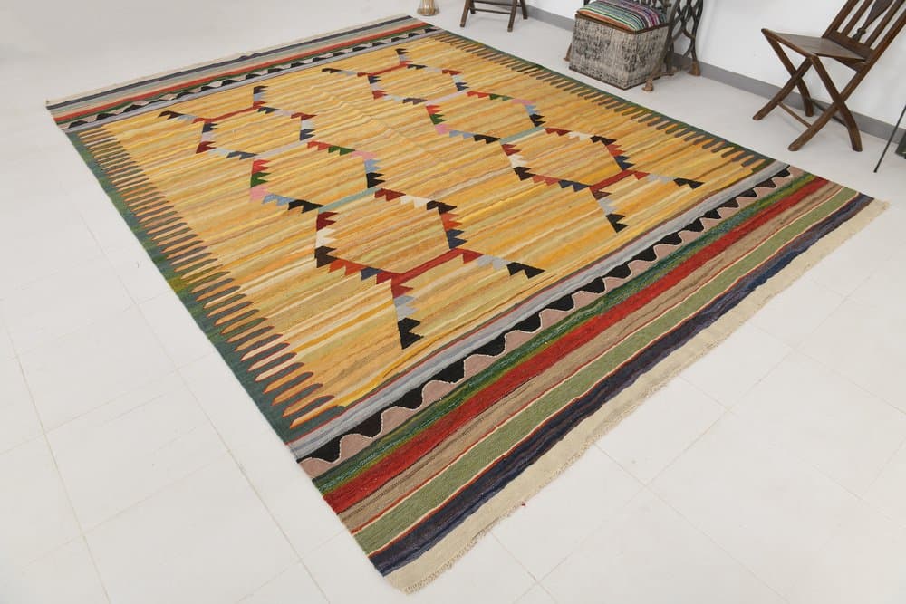 Kilim 365x268 cm, zielony, czerwony, wełna, lata 70. - 216177