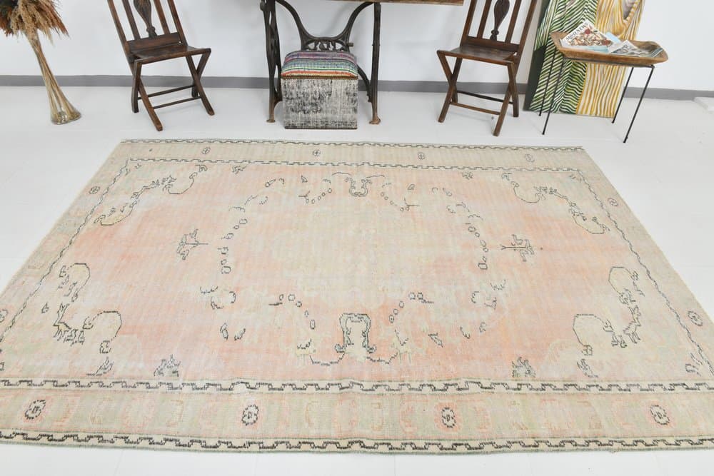 Rug 283x194 cm, Pink, Green, Wool, 1970s - 216153