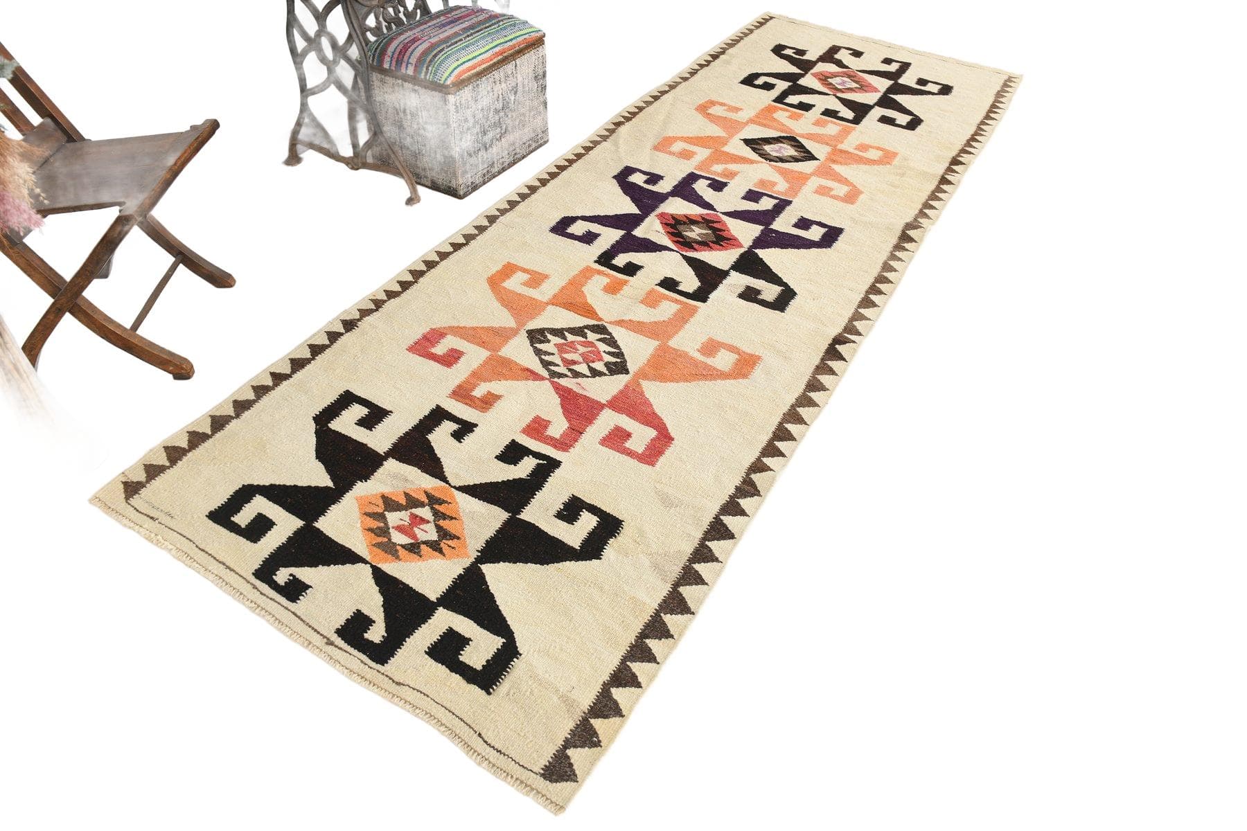 Chodnik 330x117 cm, beżowy, czarny, wełna, lata 70. - 216099