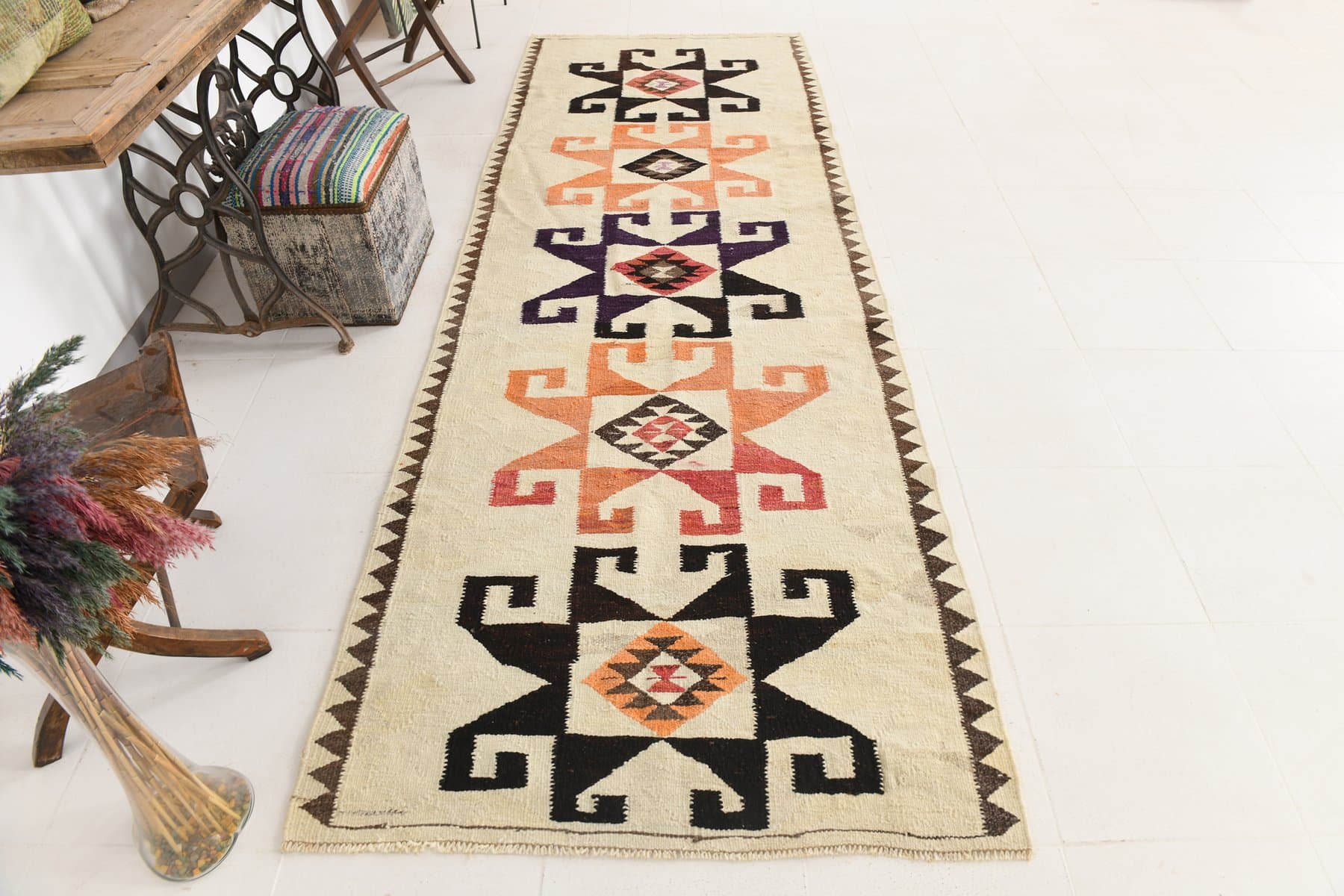 Chodnik 330x117 cm, beżowy, czarny, wełna, lata 70. - 216100