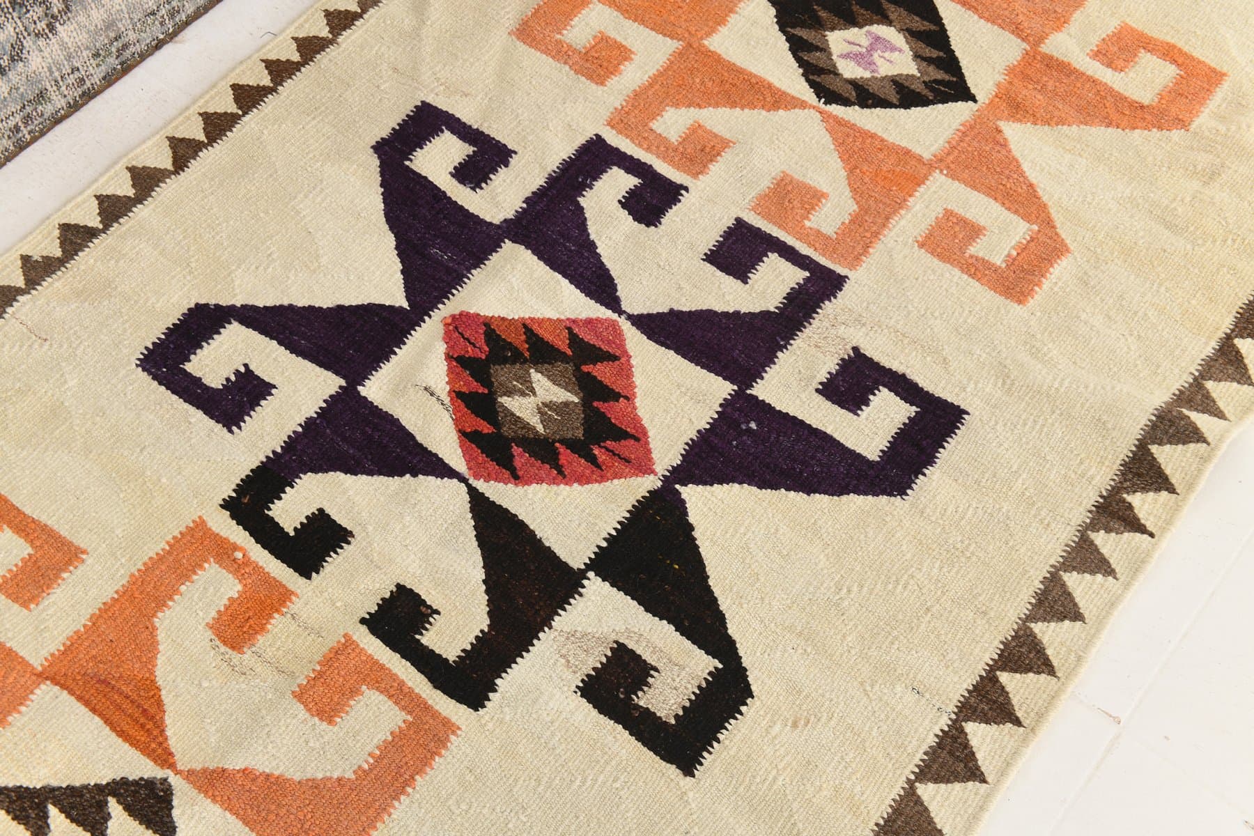 Chodnik 330x117 cm, beżowy, czarny, wełna, lata 70. - 216105