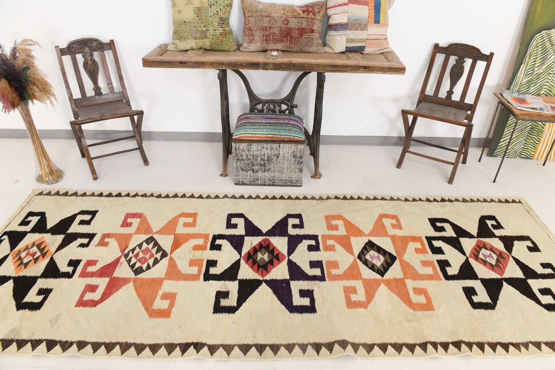 Chodnik 330x117 cm, beżowy, czarny, wełna, lata 70. - 216104