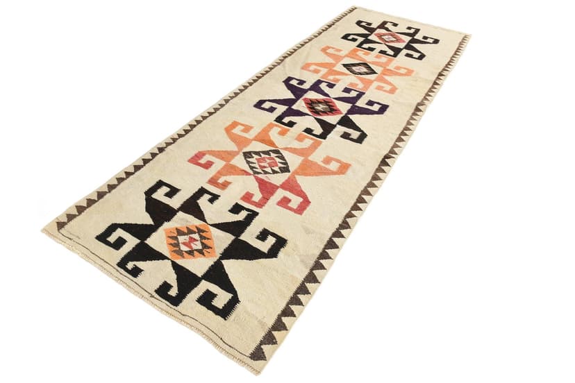 Chodnik 330x117 cm, beżowy, czarny, wełna, lata 70.