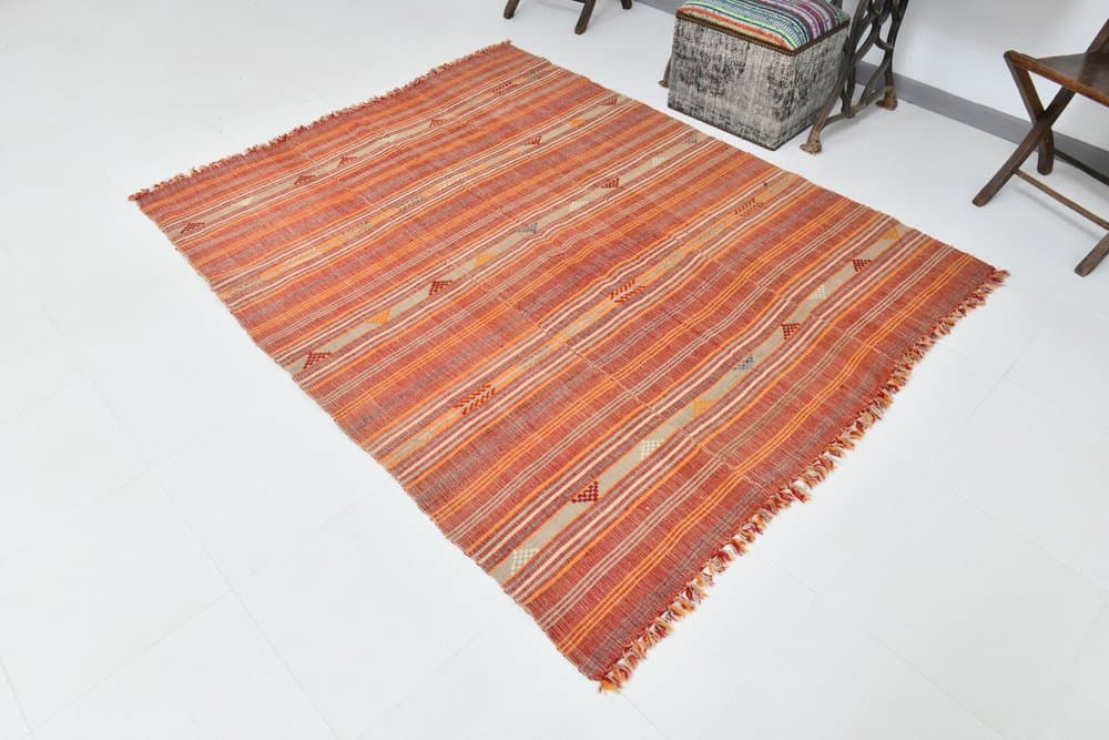 Kilim 204x161 cm, pomarańczowy, beżowy, wełna, lata 70. - 216087
