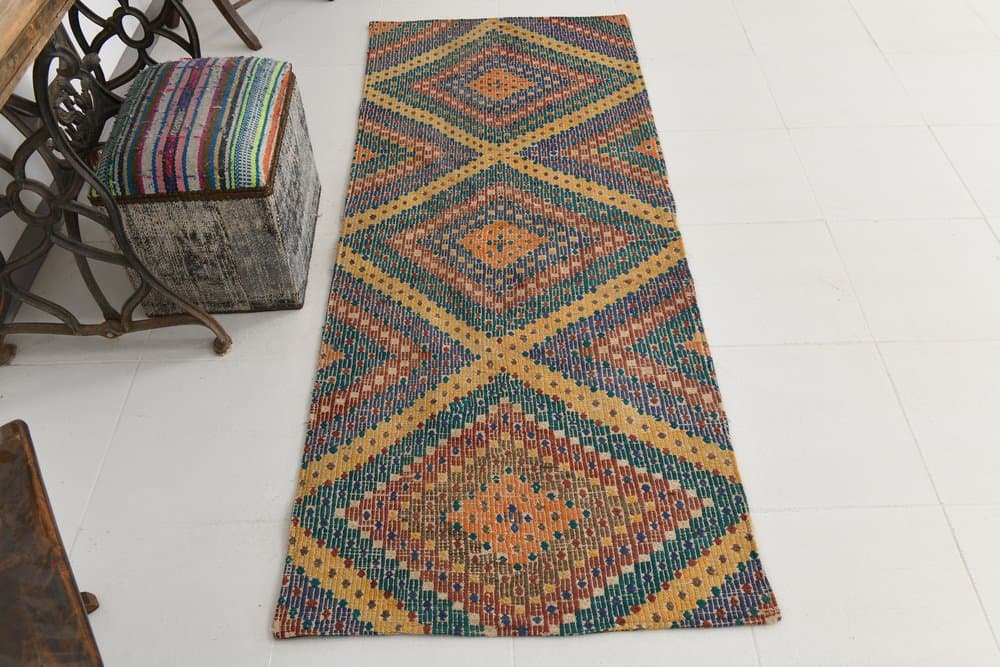 Chodnik 86x211 cm, niebieski, koralowy, wełna, lata 70. - 216050