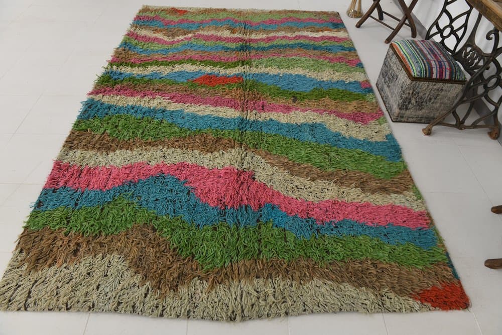 Dywan 205x307 cm, beżowy, niebieski, wełna, lata 70. - 216040