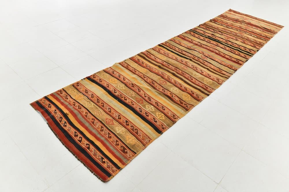 Kilim 108x425 cm, carmine, olive, wool, 1970s - 216030