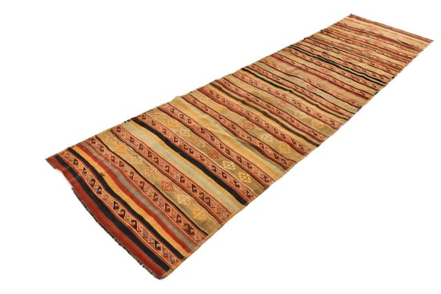 Kilim 108x425 cm, carmine, olive, wool, 1970s - DIMENSION