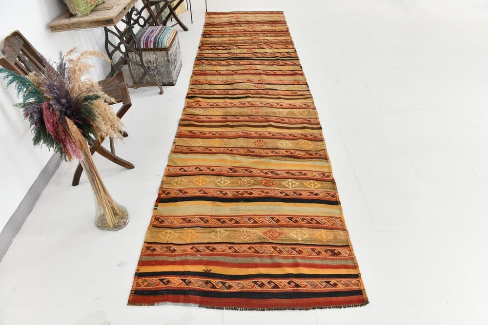 Kilim 108x425 cm, carmine, olive, wool, 1970s - 216027