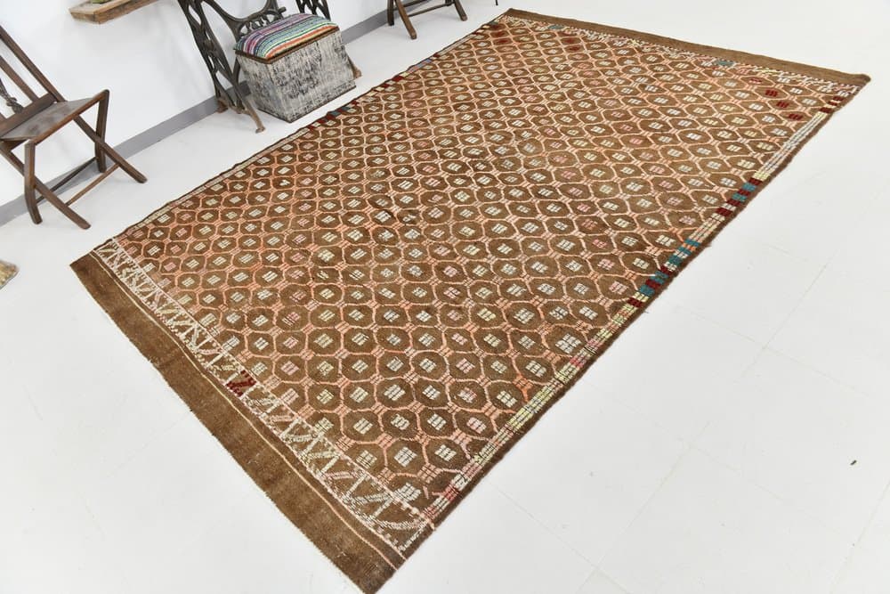 Kilim 297x209 cm, brązowy, wełna, lata 70. - 216014