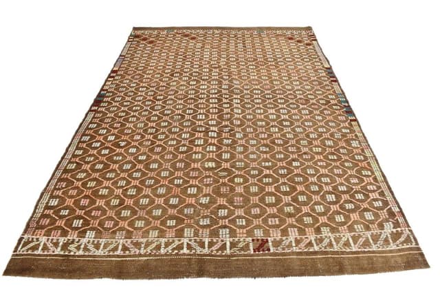 Kilim 297x209 cm, brązowy, wełna, lata 70. - WYMIARY