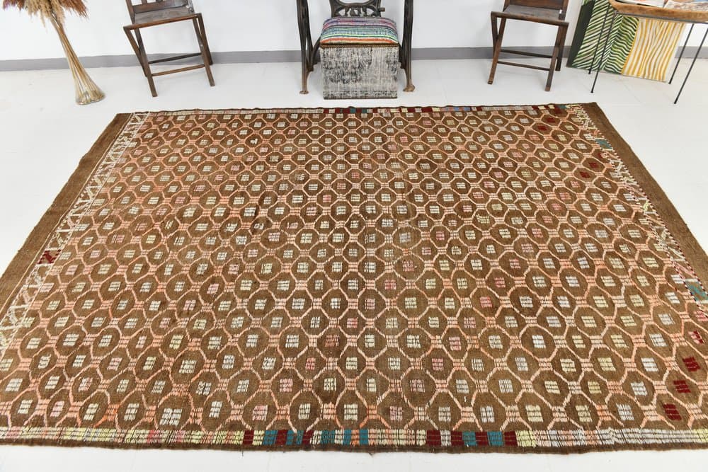Kilim 297x209 cm, brązowy, wełna, lata 70. - 216018