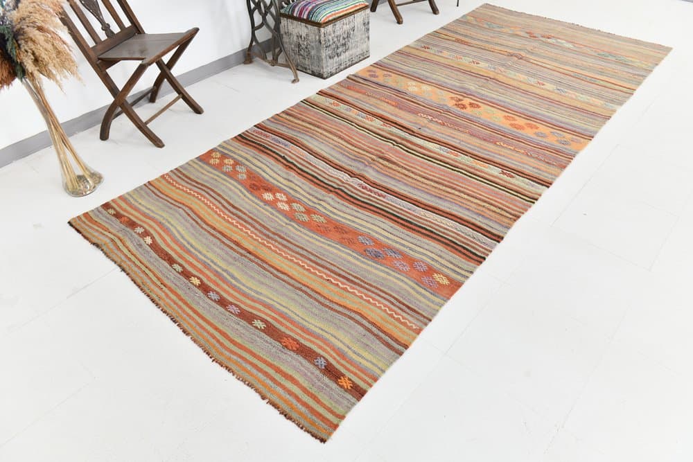 Kilim 152x364 cm, brązowy, beżowy, wełna, lata 70. - 215988