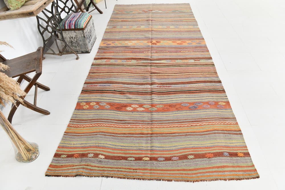 Kilim 152x364 cm, brązowy, beżowy, wełna, lata 70. - 215991