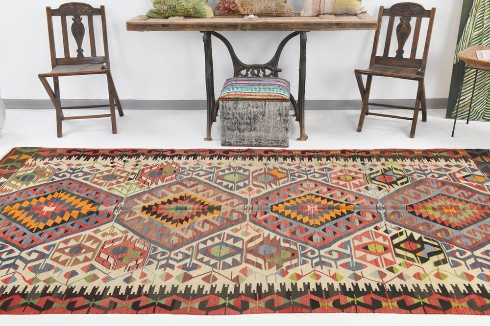 Kilim 156x314 cm, beżowy, czerwony, wełna, lata 80. - 219642