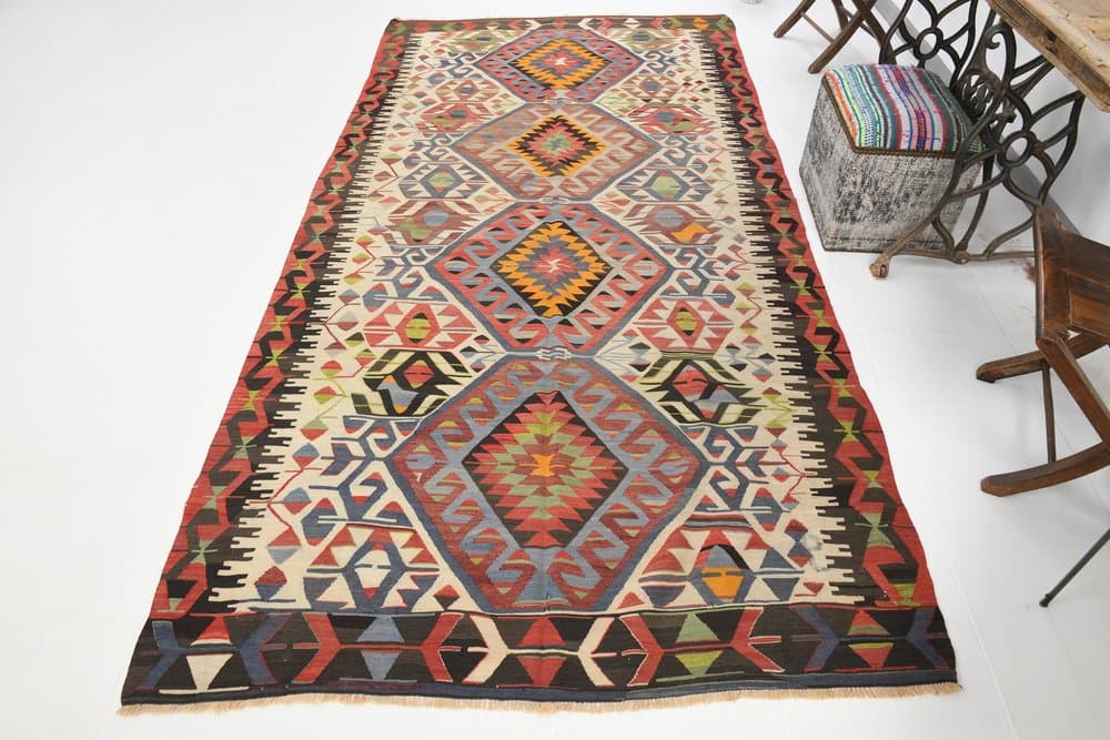 Kilim 156x314 cm, beżowy, czerwony, wełna, lata 80. - 219641