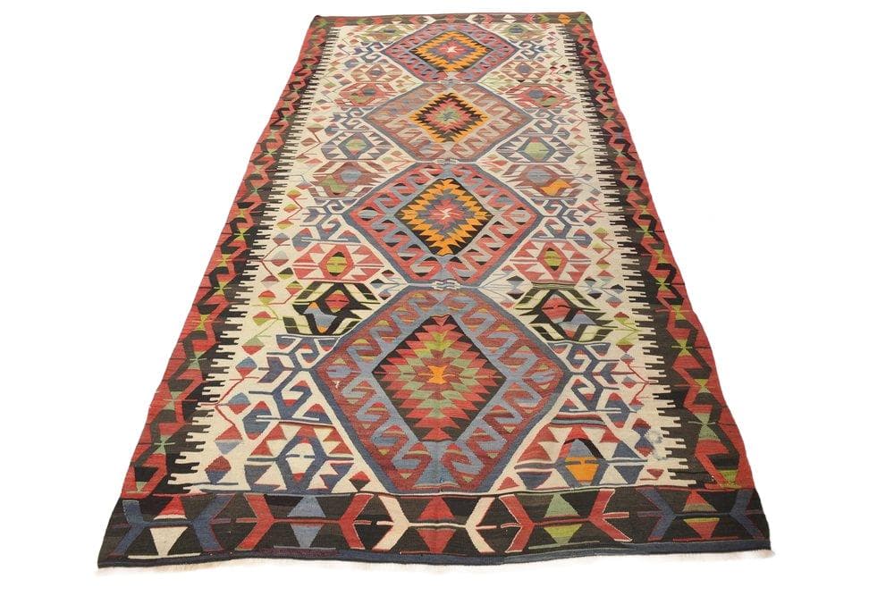 Kilim 156x314 cm, beżowy, czerwony, wełna, lata 80.