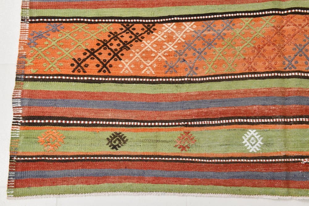 Kilim 177x242 cm, pomarańczowy, zielony, wełna, lata 70. - 219607