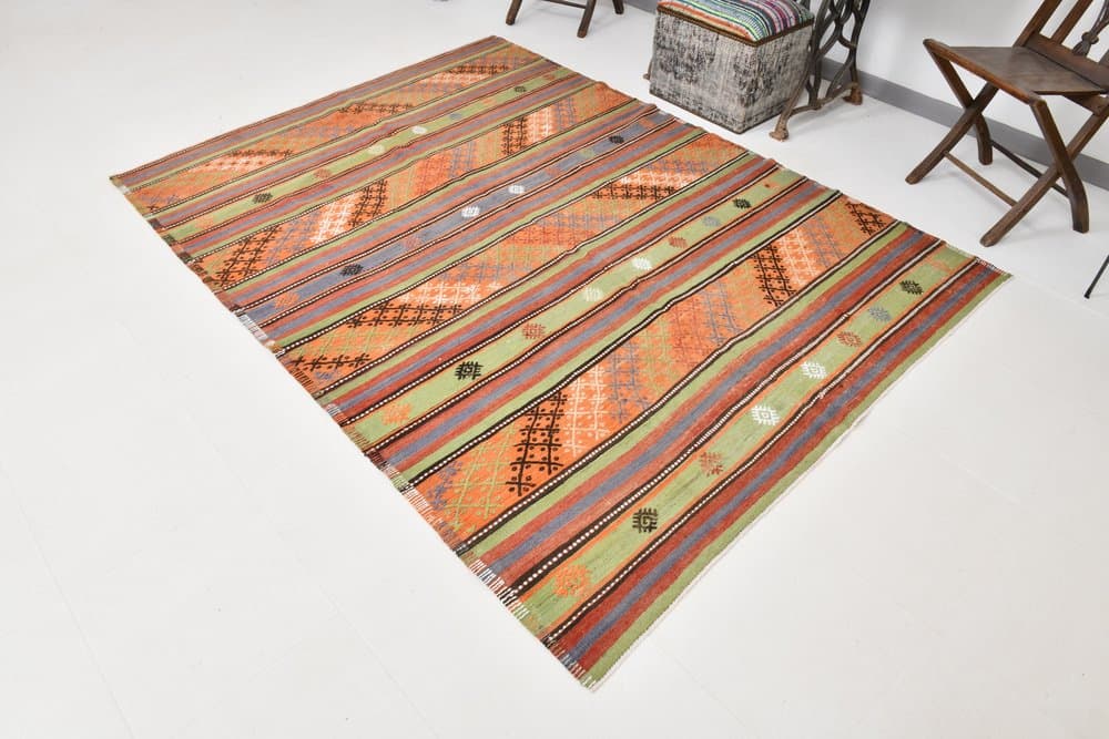 Kilim 177x242 cm, pomarańczowy, zielony, wełna, lata 70. - 219599