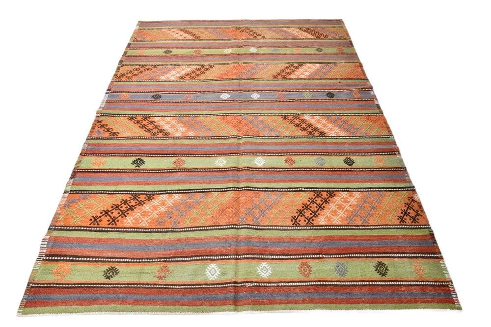 Kilim 177x242 cm, pomarańczowy, zielony, wełna, lata 70.