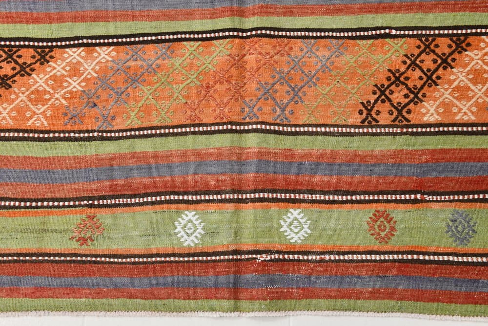 Kilim 177x242 cm, pomarańczowy, zielony, wełna, lata 70. - 219608
