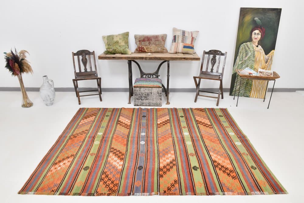 Kilim 177x242 cm, pomarańczowy, zielony, wełna, lata 70. - 219604