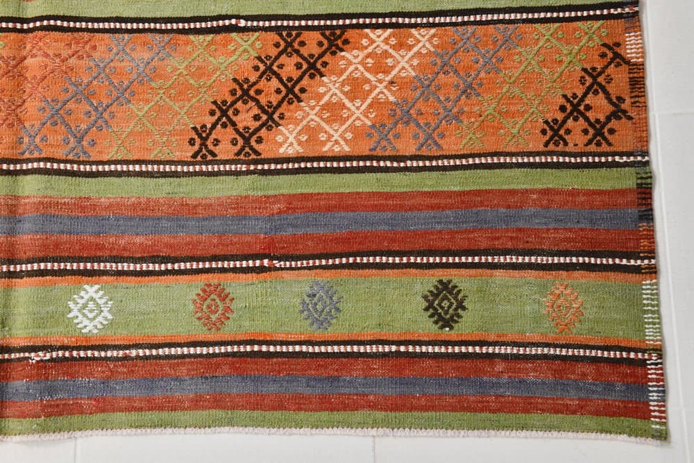 Kilim 177x242 cm, pomarańczowy, zielony, wełna, lata 70. - 219609