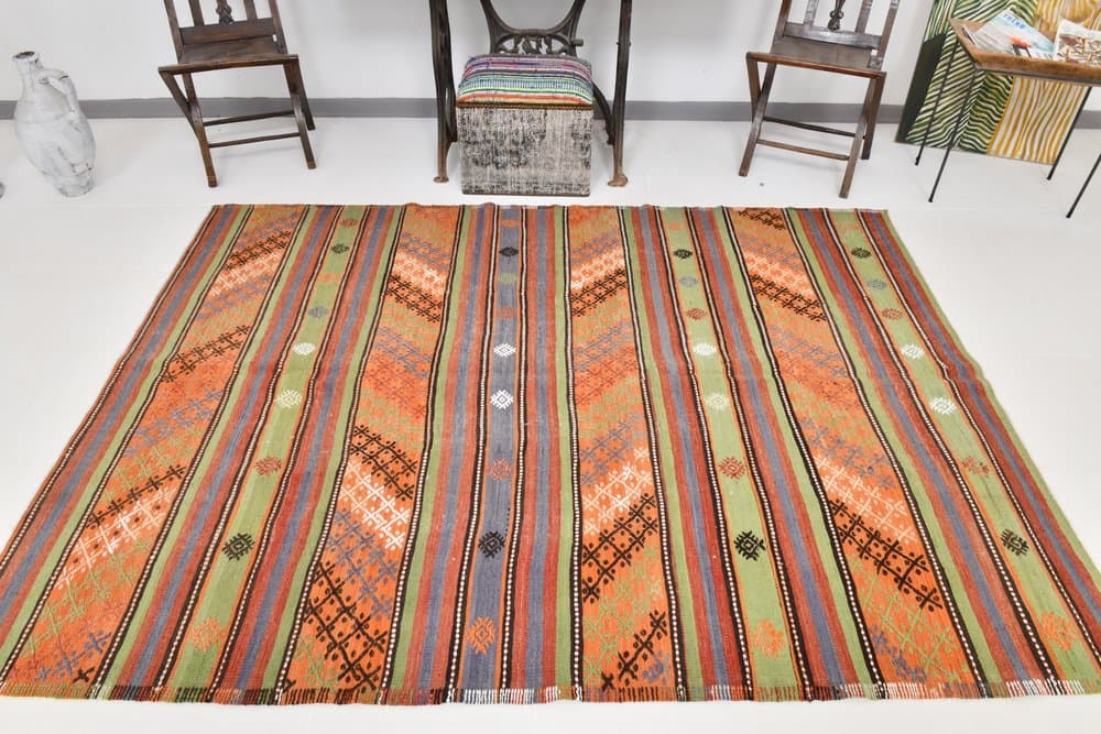 Kilim 177x242 cm, pomarańczowy, zielony, wełna, lata 70. - 219603