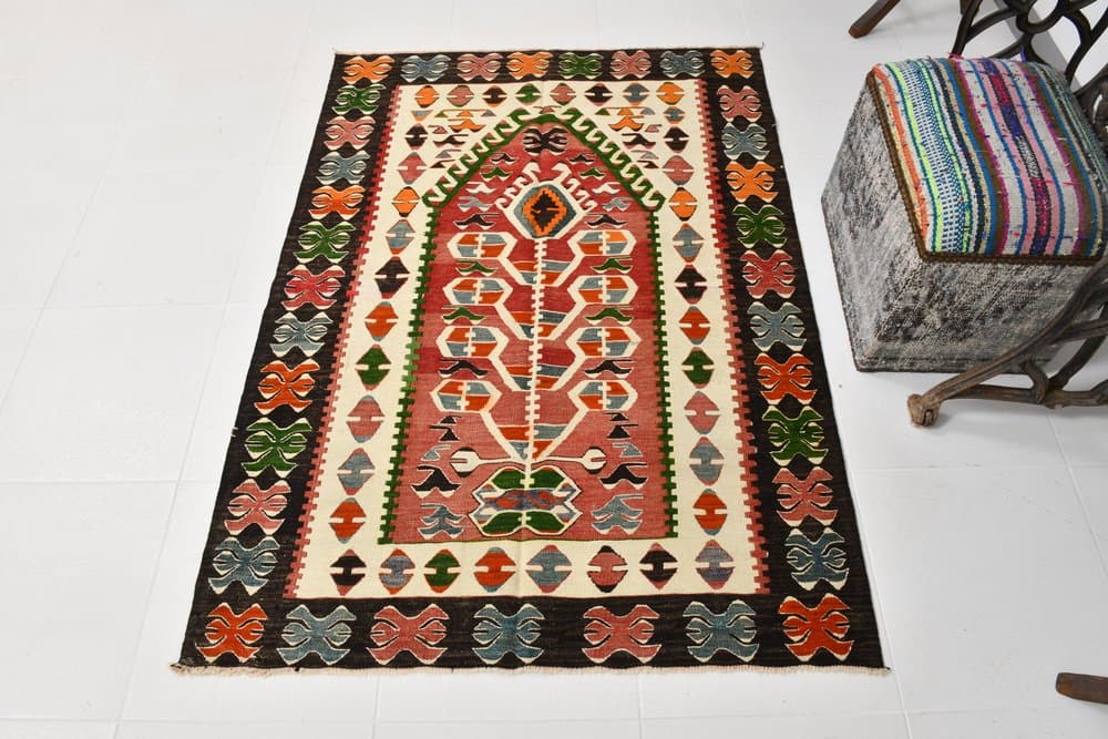 Kilim 113x156 cm, zielony, beżowy, wełna, lata 70. - 219576