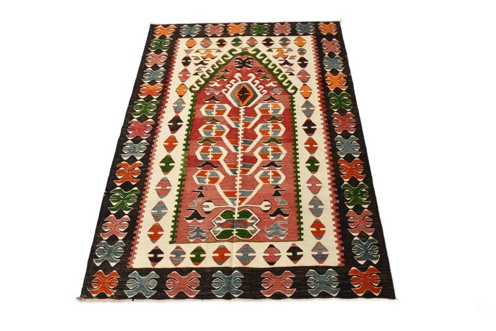 Kilim 113x156 cm, zielony, beżowy, wełna, lata 70.
