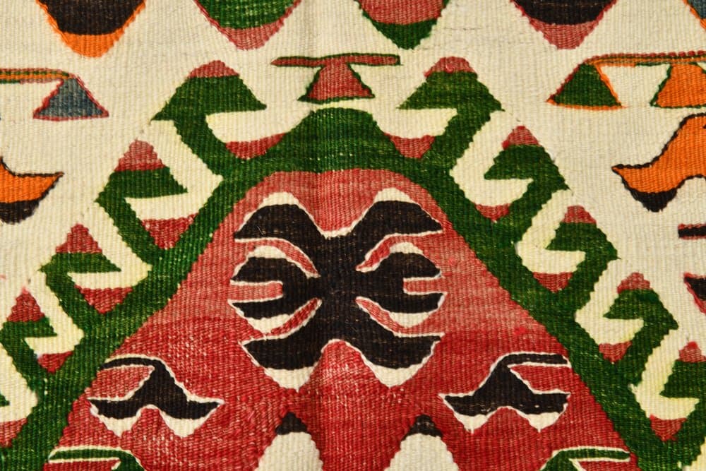 Kilim 113x156 cm, zielony, beżowy, wełna, lata 70. - 219583