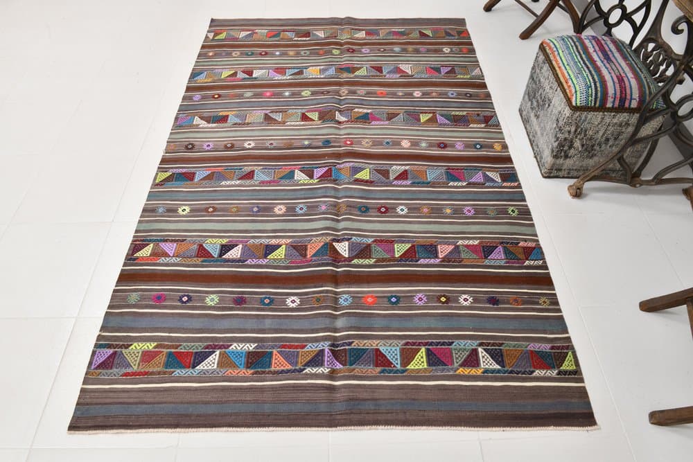 Kilim 148x235 cm, Grey, Red, Wool, 1970s - 219550