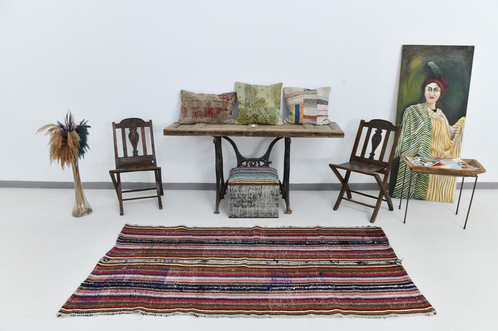 Kilim 217x110 cm, niebieski, zielony, wełna, lata 70. - 219539