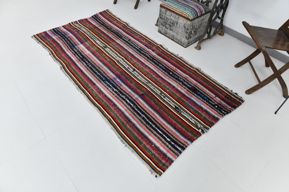 Kilim 217x110 cm, niebieski, zielony, wełna, lata 70. - 219534