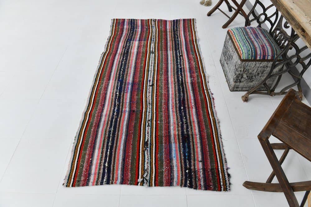 Kilim 217x110 cm, niebieski, zielony, wełna, lata 70. - 219537