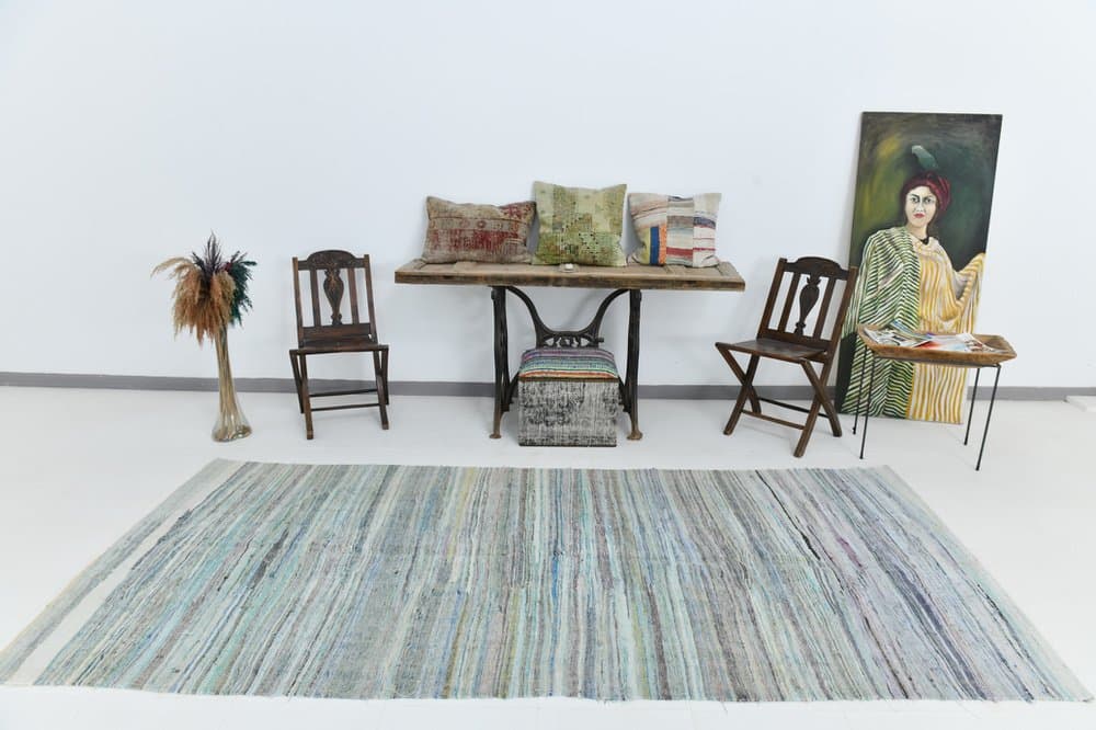 Kilim 141x312 cm, Blue, Grey, Wool, 1970s - 219526