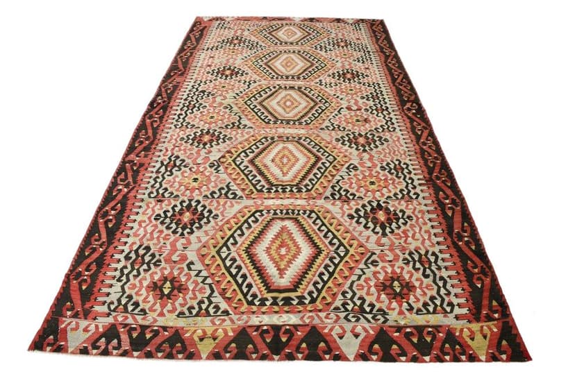 Rug 180x327 cm, Red, Beige, Wool, 1960s