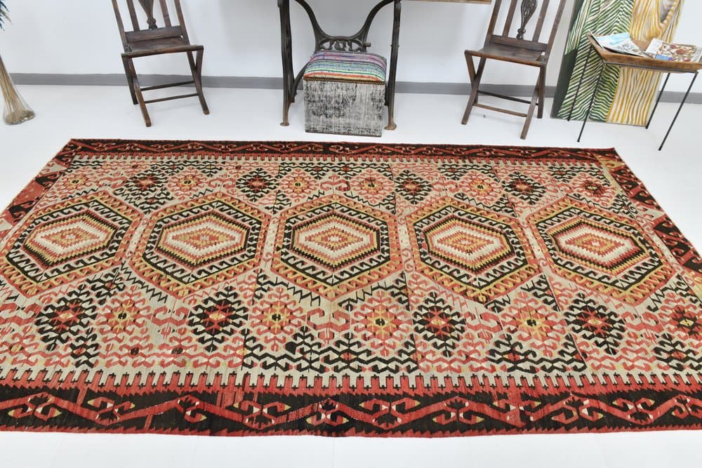 Rug 180x327 cm, Red, Beige, Wool, 1960s - 219486