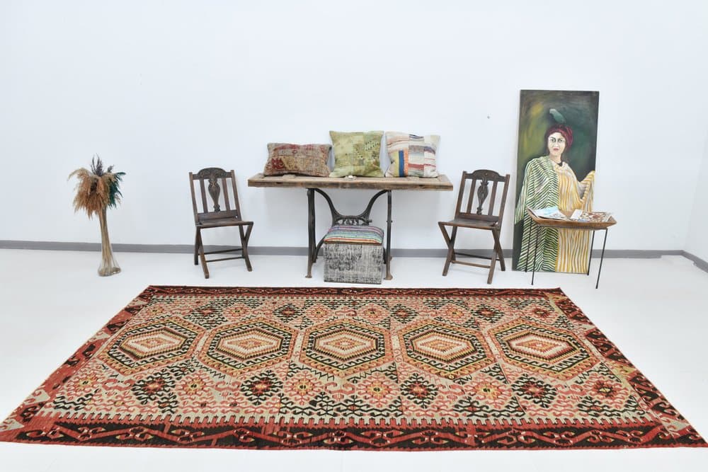 Rug 180x327 cm, Red, Beige, Wool, 1960s - 219487