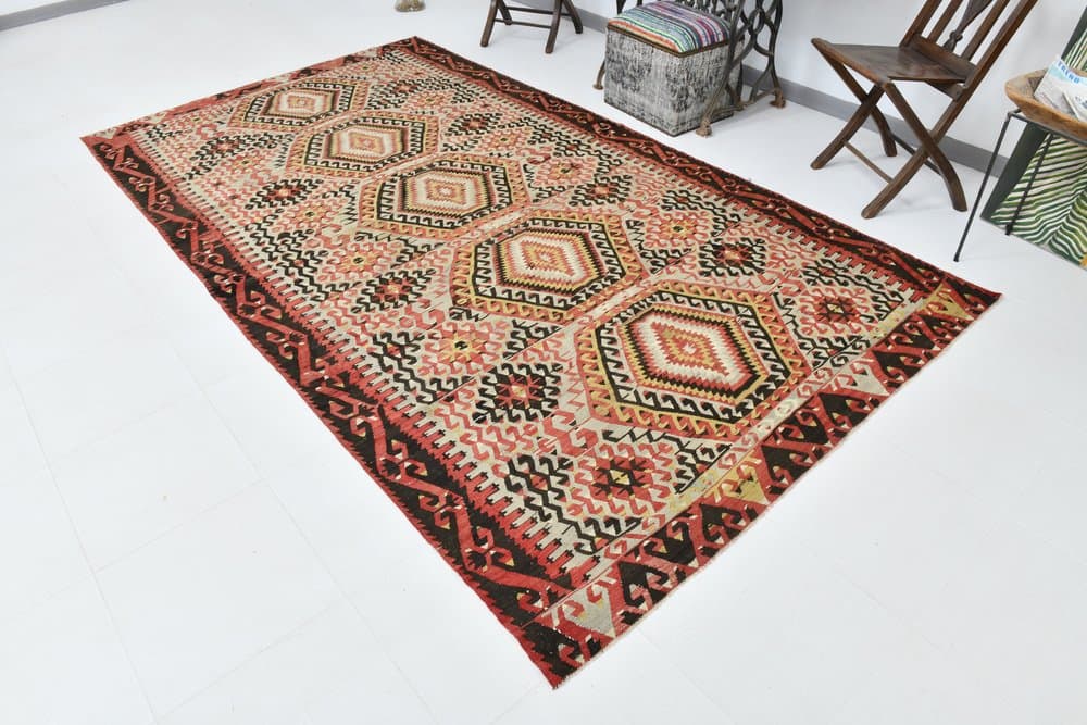 Rug 180x327 cm, Red, Beige, Wool, 1960s - 219482