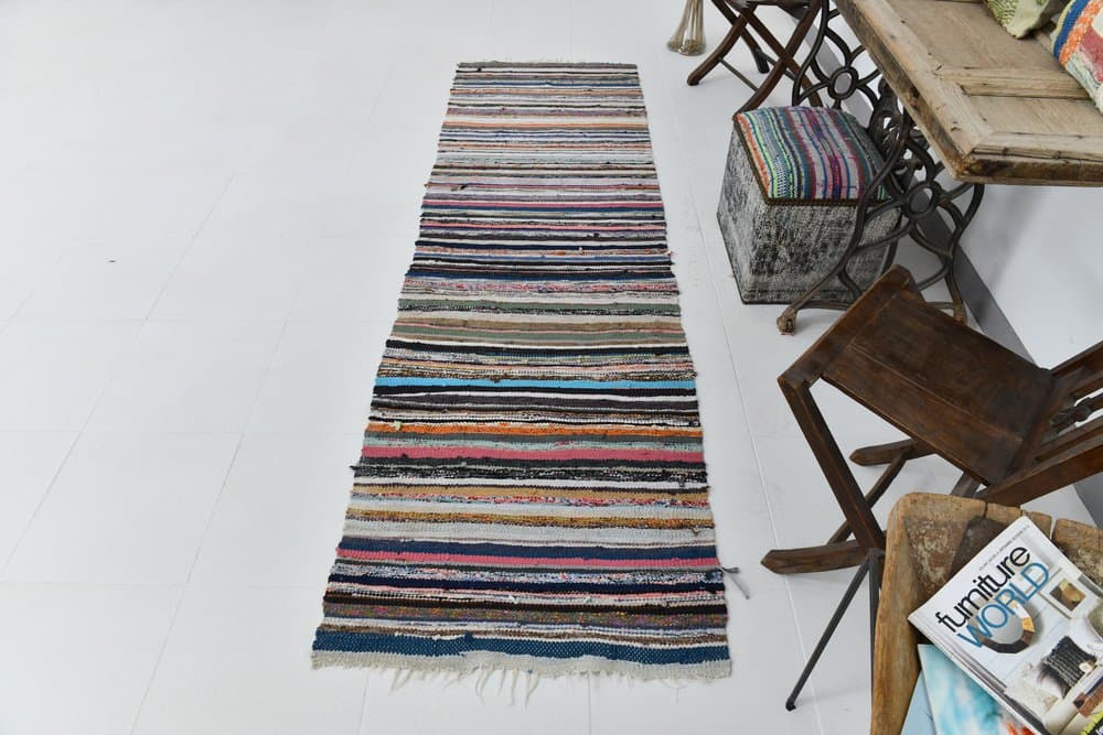 Kilim 275x79 cm, fioletowy, zielony, wełna, lata 70. - 219851