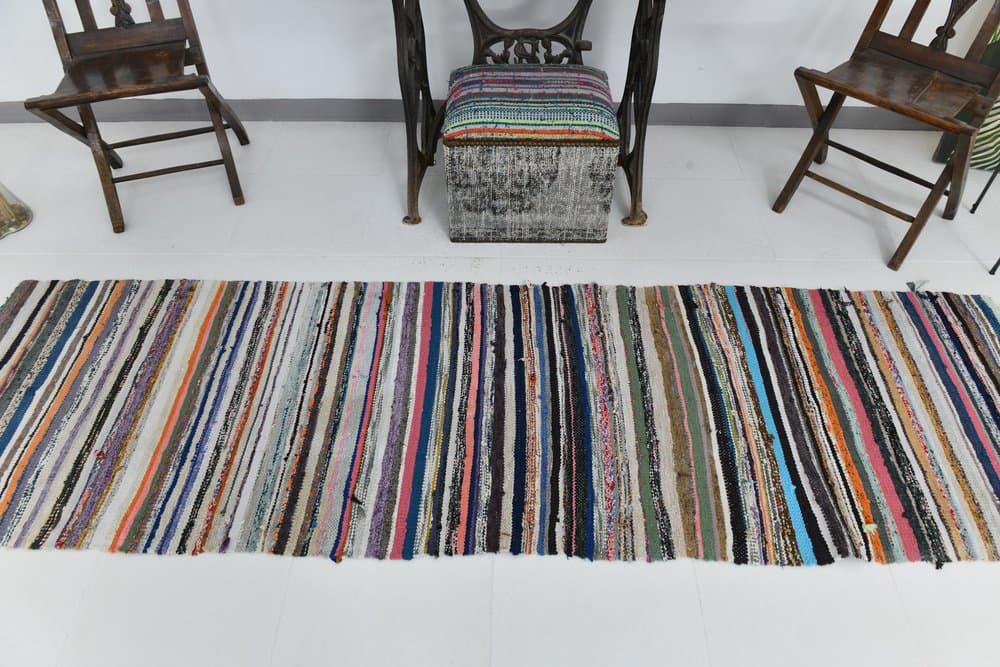 Kilim 275x79 cm, fioletowy, zielony, wełna, lata 70. - 219855